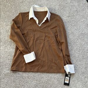 Jones New York Brown Dress Shirt with White Accents